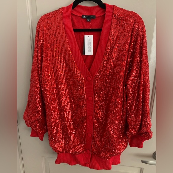 NWT INC Sequined RED Long Boyfriend Cardigan Large Get your “Shimmer On” - Picture 8 of 9